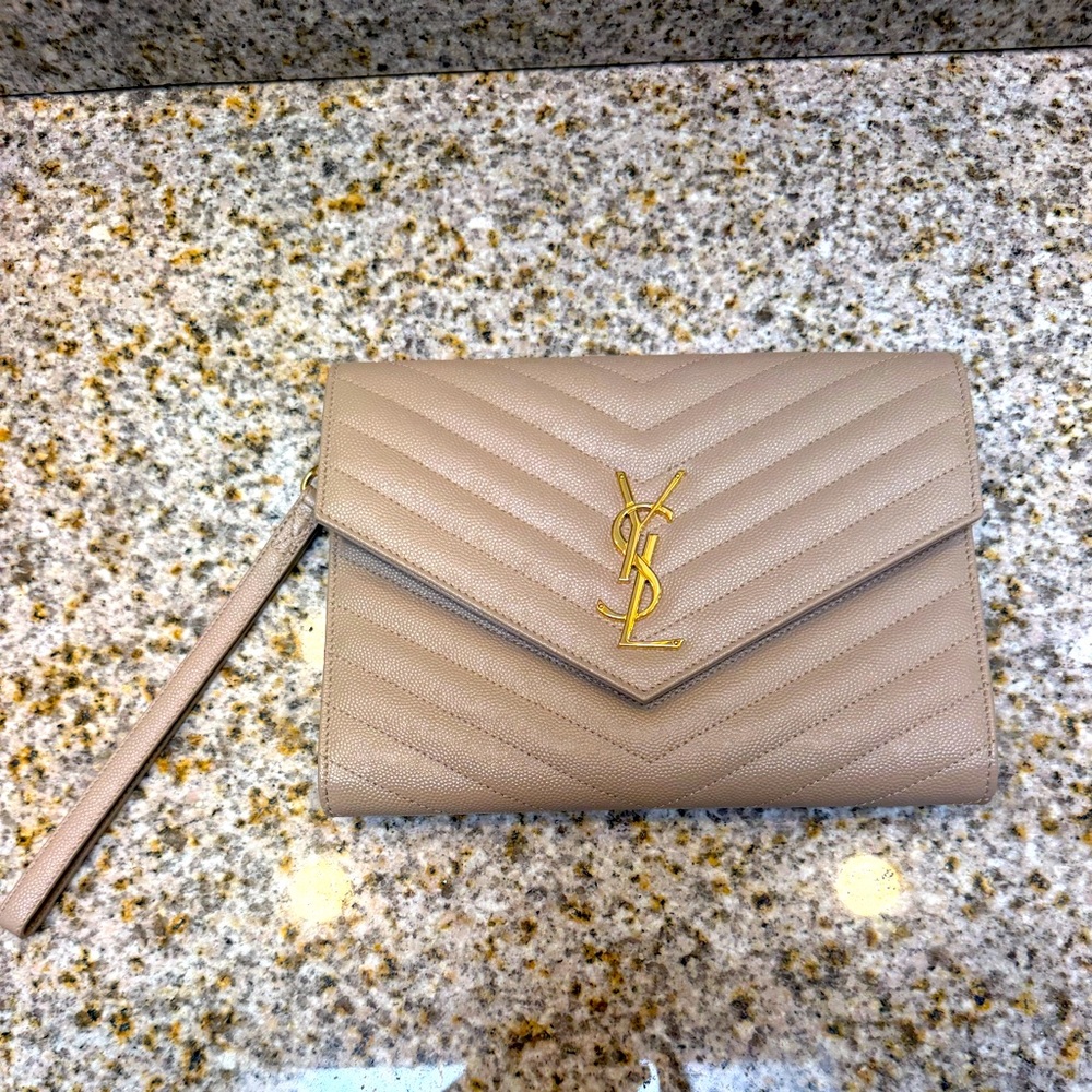 Saint Laurent Beige Chevron Quilted Wristlet with Gold YSL Logo